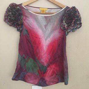 Catherine Malandrino silk top with floral ruffle sleeves